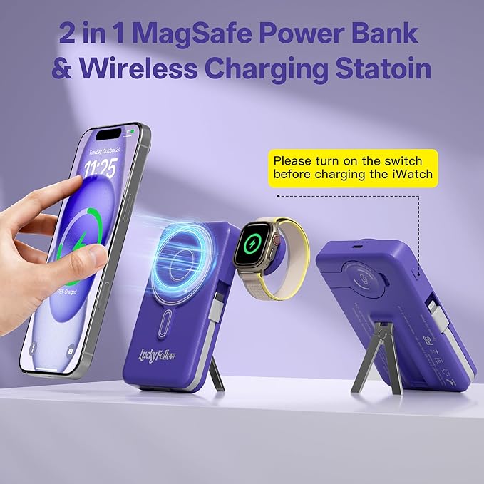 Magnetic Portable Charger Built-in Cables,10000mAh Fast Charging Wireless Charger Station External Battery Pack Slim Pocket Size Power Bank with Stand Compatible with iWatch, iPhone and Android Phones