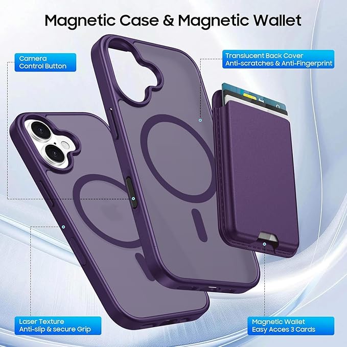 Ntwinro Magnetic for iPhone 16 Plus Case (Compatible with MagSafe) with Detachable Wallet & Card Holder for 3 Cards [RFID Blocking] Military Grade Protective Slim Phone Cover, Purple