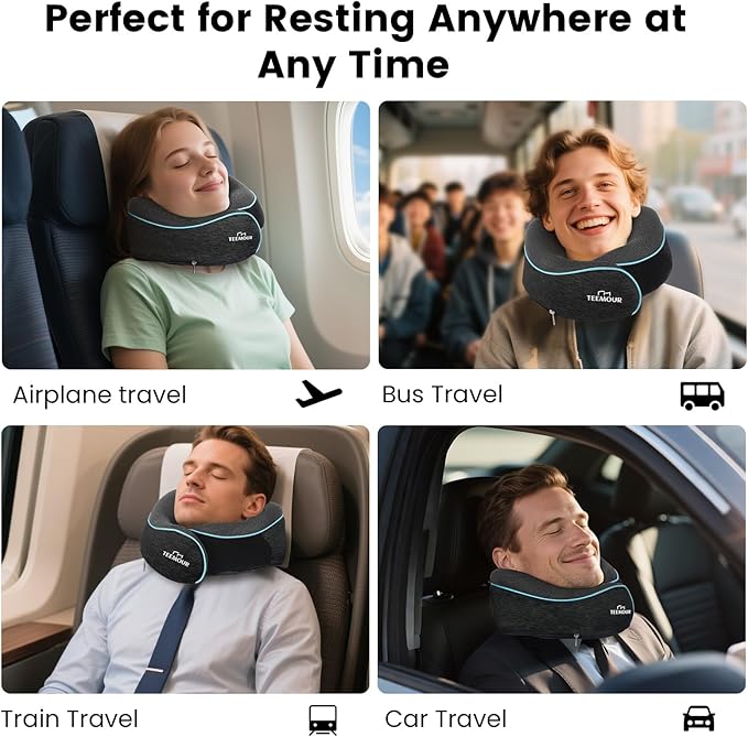 Teemour Upgraded Neck Pillow for Airplane Travel - 360° Support, Memory Foam Travel Pillow with Eye Mask & Earplugs, Portable Carry Bag for Long Flights/Car| Best Airplane Accessories Dark Grey