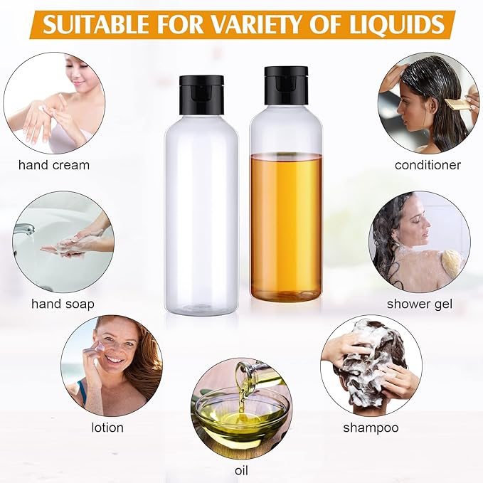 50 Piece 3.4 oz Travel Bottles with Flip Cap Plastic Empty Bottles Refillable Flip Cover Dispensing Squeeze containers with 2 Funnels Portable Refillable Containers for Travel Liquid(Clear, Black)