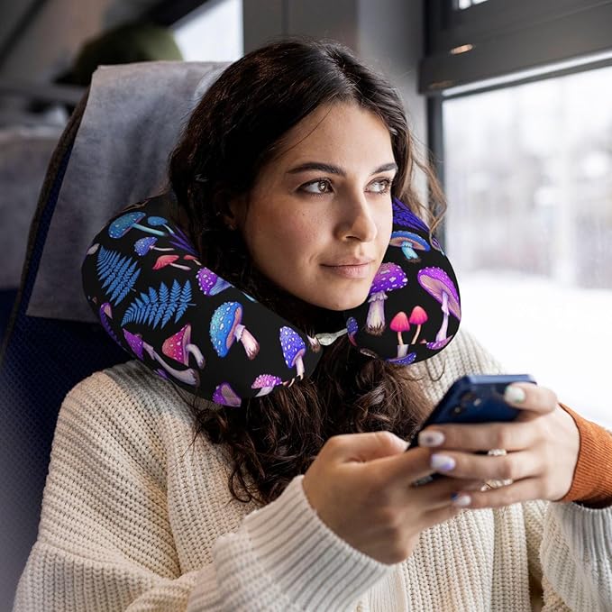 Travel Pillow for Men Women, Washable Relax U Shaped Neck Pillows for Car Head Pain Relief Sleeping Trippy Purple Blue Mushrooms