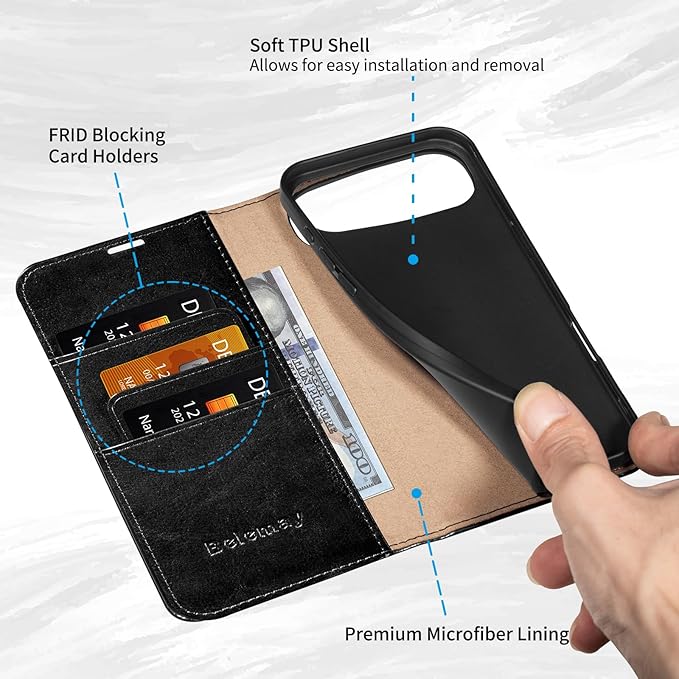 Belemay Genuine Leather Wallet Case for iPhone 17 Air, Premium Cowhide Leather Two-Tone Effect, RFID Blocking Card Holders, Shockproof TPU Shell, Kickstand, Flip Cover for iPhone Air 2025 6.5", Black