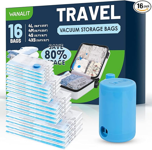 Vacuum Storage Bags for Travel, 16 Pack (4L+4M+4S+4XS) Vacuum Seal Bags with Wireless Rechargeable Electric Pump, Travel Essentials Space Saving Bag for Clothes, Luggage, Carry-on Suitcase, Backpack