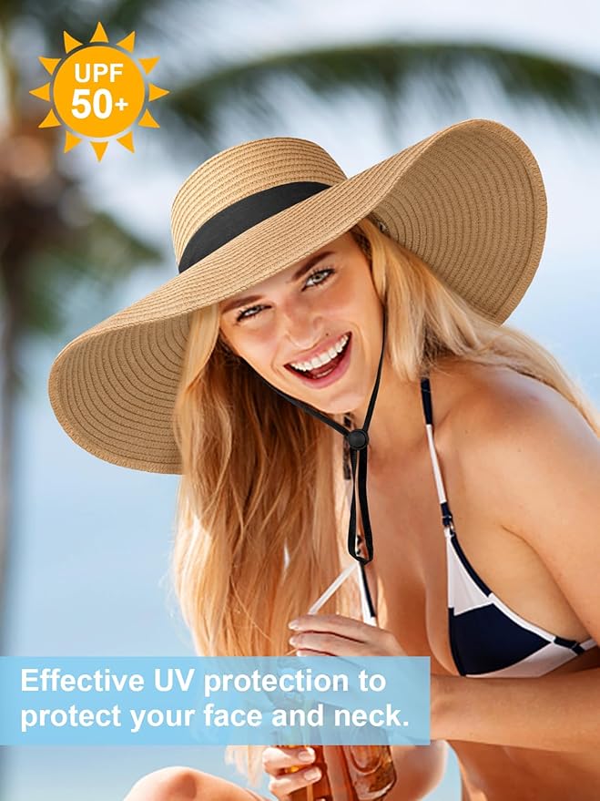 Senker Fashion Sun Hats for Women Oversize Wide Brim Straw Beach Hat Floppy Foldable Roll-Up Summer Vacation UPF 50+