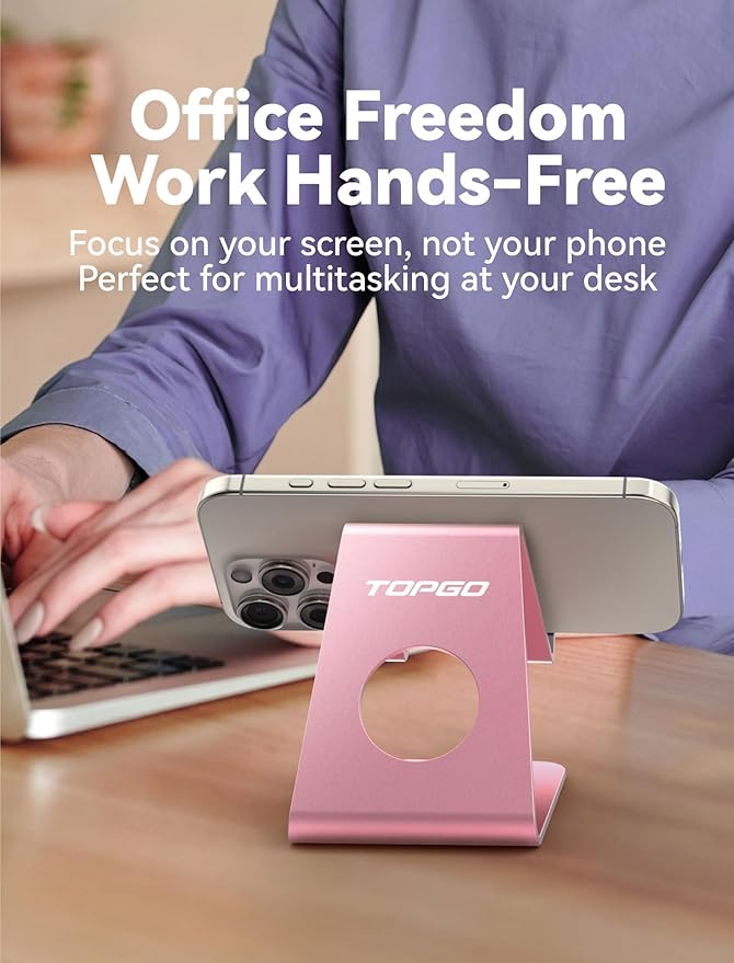 TOPGO 2 Pack Cell Phone Stand, Cradle, Aluminum Desktop Cellphone Stand with Cable Collective for Office Desk, Bedside Table Compatible with iPhone 17 16 15 14 13 12 Pro Max - Black & Pink