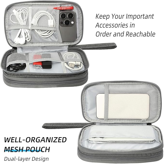 Electronics Organizer Case, Cable Organizer Bag Waterproof Electronic Accessories Carry Case with Handle for Cable, Cord, USB, Charger, Phone, Power Bank, Earphone (Dark Gray, Medium)