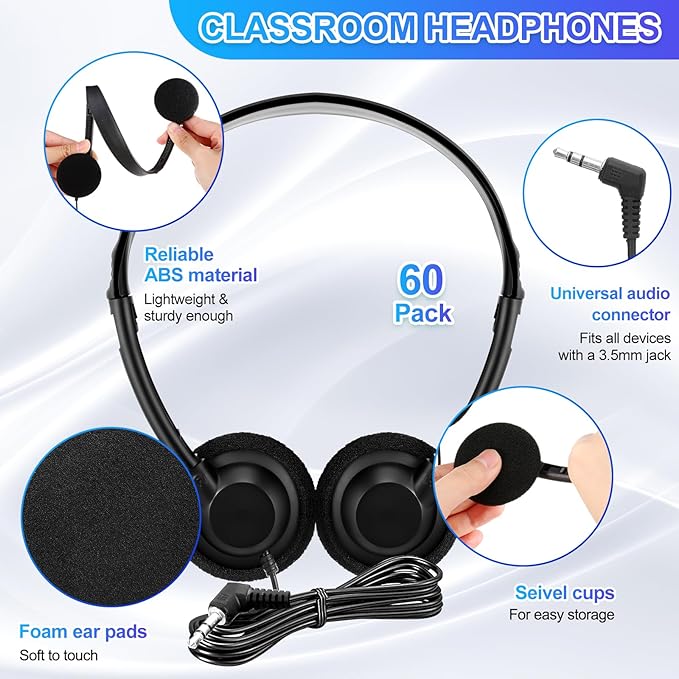 Flutesan 60 Pieces Classroom School Headphones Bulk on Ear Headphone with 3.5mm Headphone Plug in Adjustable Disposable for Kids Adults Student Noise Stereo Sound Library No Microphone