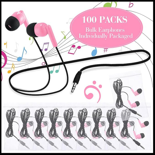 Kanayu 100 Pack Wired Earbuds Bulk for Classroom Ear Headphones Wired Basic Student Earbuds No Microphone with 3.5MM Jack for Class Laptop School Library, Individually Bagged (Pink)
