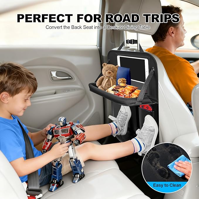 BLYPHOO Car Backseat Organizer: Back Seat Storage Organizer for Kids with Tablet Holder, Heavy Duty Back Seat Protector with Foldable Table Tray, Kick Mats w/Pockets, Road Trip Essentials, 2 Count