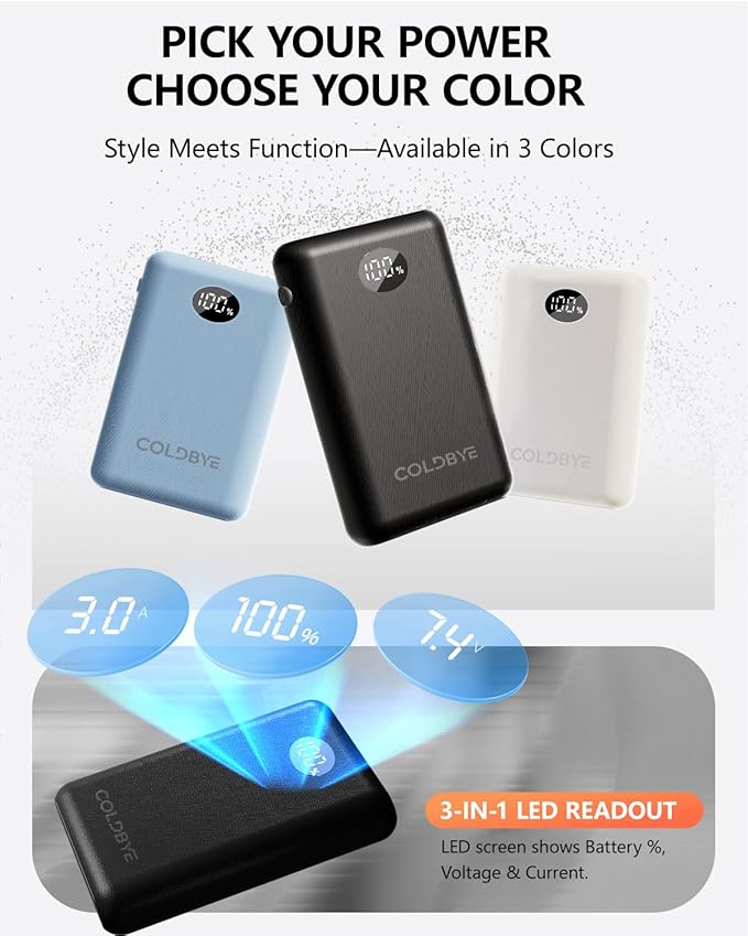 ColdBye Mini 𝟏𝟎𝟎𝟎𝟎𝐦𝐀𝐡 5V 2A/3A 7.4V/3A Heated Vest Battery Pack Compatible with Major Heated Clothing Brands, Ultra-Light Portable, USB, Type-C and DC Ports