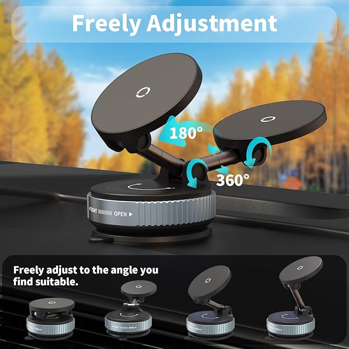 E EAKSON Wireless Car Charger - 15W Fast Wireless Charging Car Mount, 360° Adjustable Vacuum Magnetic Suction Phone Holders for Car, Magnetic Phone Holder for iPhone 17 16 15 14 13 12
