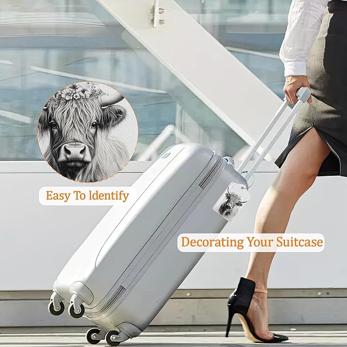 Black White Highland Cow Luggage Tags for Suitcase 3 Pack, Leather Bag Tags Identifiers with Privacy Name Address Labels and Durable Steel Loop for Men Women Backpack