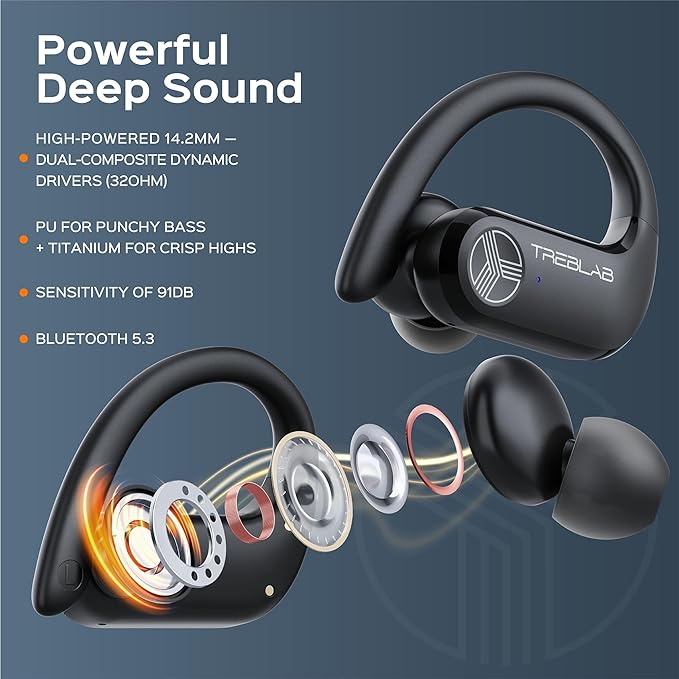 TREBLAB X3 Pro Wireless Ear Buds Bluetooth, 145H Long Battery Life Workout Headphones with Secure Ear Hooks, Bluetooth 5.3 Sport Over Ear Earbuds,Noise Isolation, IPX5 Sweatproof Earphones, 4 ENC Mics