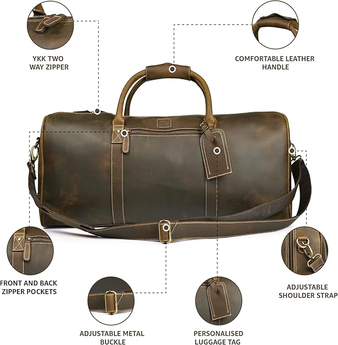 Leather Village Leather Duffel Bags for Men & Women-Stylish Travel Weekender Carry-On Sports Gym Overnight Luggage Bag - 20 Inch - Olive/Army Green