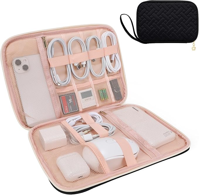 Electronics Organizer Travel Case, Charger Bag Cord Organizer Travel, Compact Tech Pouch Cable Organizer Bag for Charger, Cords, Phone, Headphones, Flash Drive, SD Card (Black, Large-Single Layer)