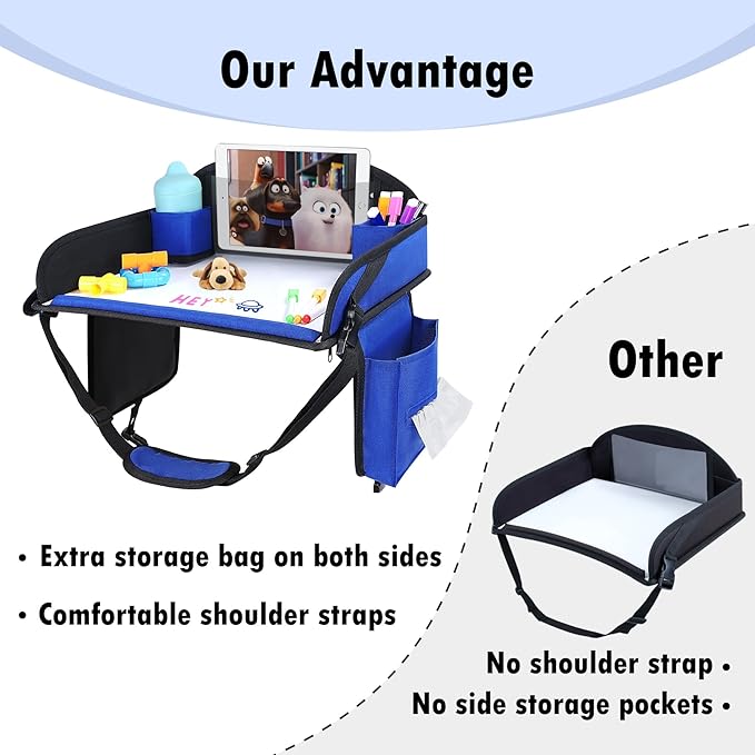 WENRENER Kids Travel Tray for Car Seat, Toddler Road Trip Essentials With Drawing Kit, Travel Activities Must Haves (Navy Blue-2PCS)