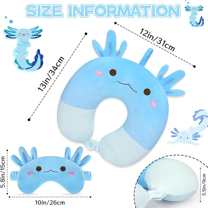 Kids Neck Pillows for Travel, Travel Pillow with Eye Mask Cartoon Axolotl U Shaped Neck Pillow for Sleeping Travel, Head Support Neck Pillow for Kids Teens Airplane Roadtrip Car