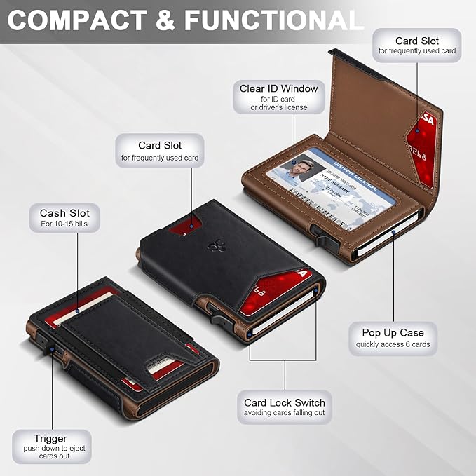 Wallet for Men Wallet with Slim Pop Up Card Holder 9-13 Cards, Bifold Minimalist Smart Wallet RFID Blocking Credit Card Holder with ID Window & Stretchable Cash Slot Compact Metal Aluminum Card Case