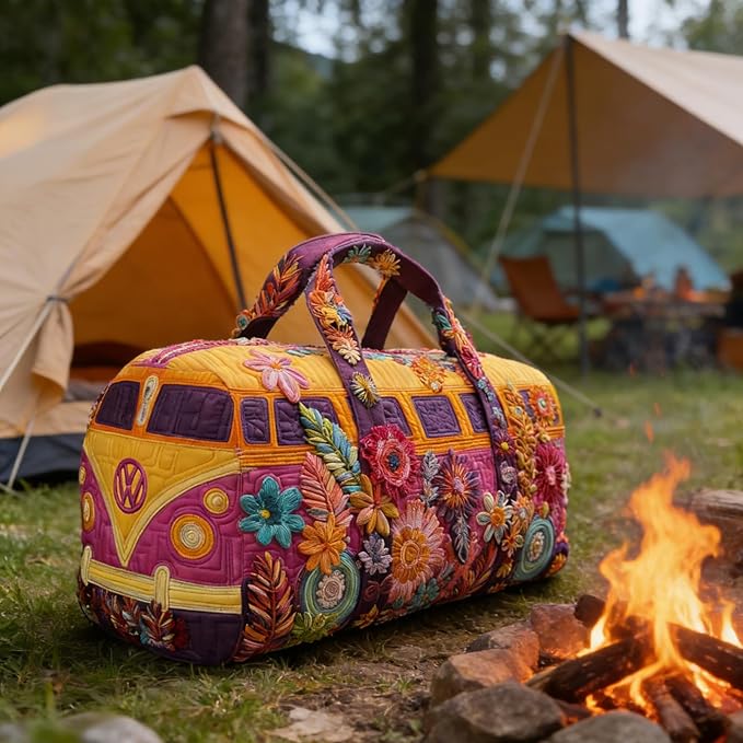 Hippie Journey Quilted Duffel Bag Hippie Van Travel Duffel Bag Vintage Floral Weekender Overnight Bags Women Gym Bags