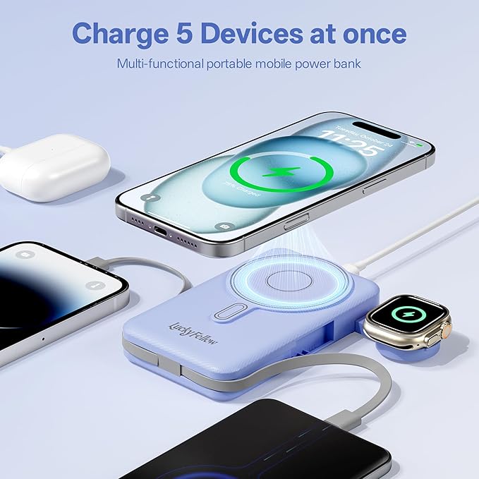 Magnetic Portable Charger Built-in Cables,10000mAh Fast Charging Wireless Charger Station External Battery Pack Slim Pocket Size Power Bank with Stand Compatible with iWatch, iPhone and Android Phones