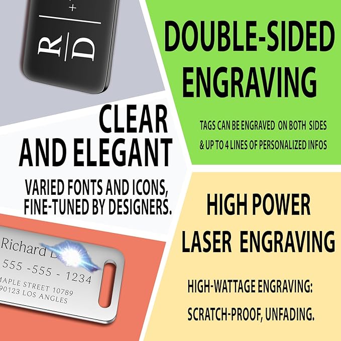 Personalized Luggage Tags for Suitcases 4 Pack - Stainless Steel Custom Luggage Tags for Backpacks & Bags, Sturdy, Waterproof & Heavy Duty (Black / 3" x 1.25")