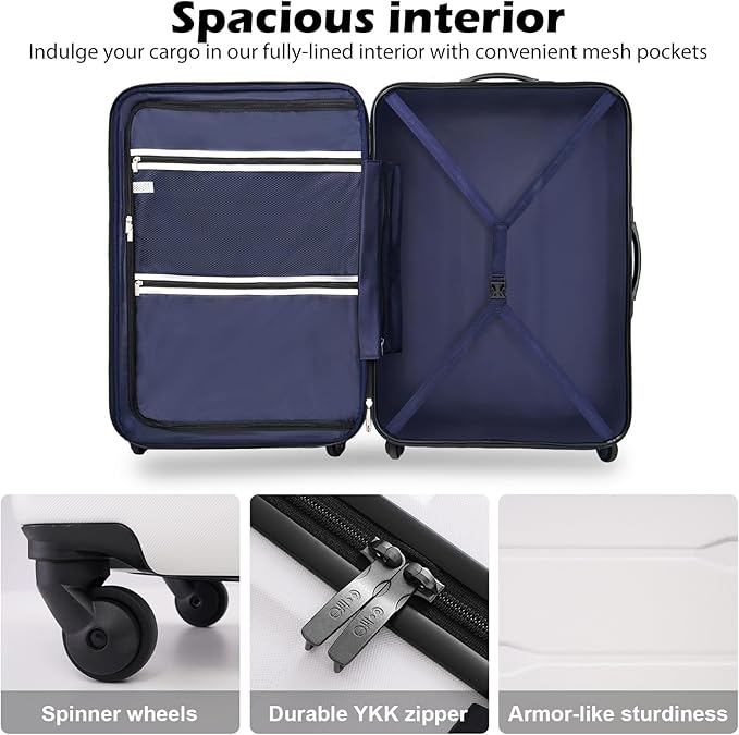 Coolife Luggage PC+ABS Expandable Hardshell Suitcase with TSA Lock, Spinner Checked Lightweight (White, 28in)