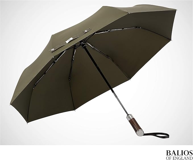 Balios (Designed in UK) Travel Umbrella Luxurious Golden Hardwood Handle Auto Open & Close Windproof Frame Single Canopy Automatic Folding Umbrella Men's & Ladies