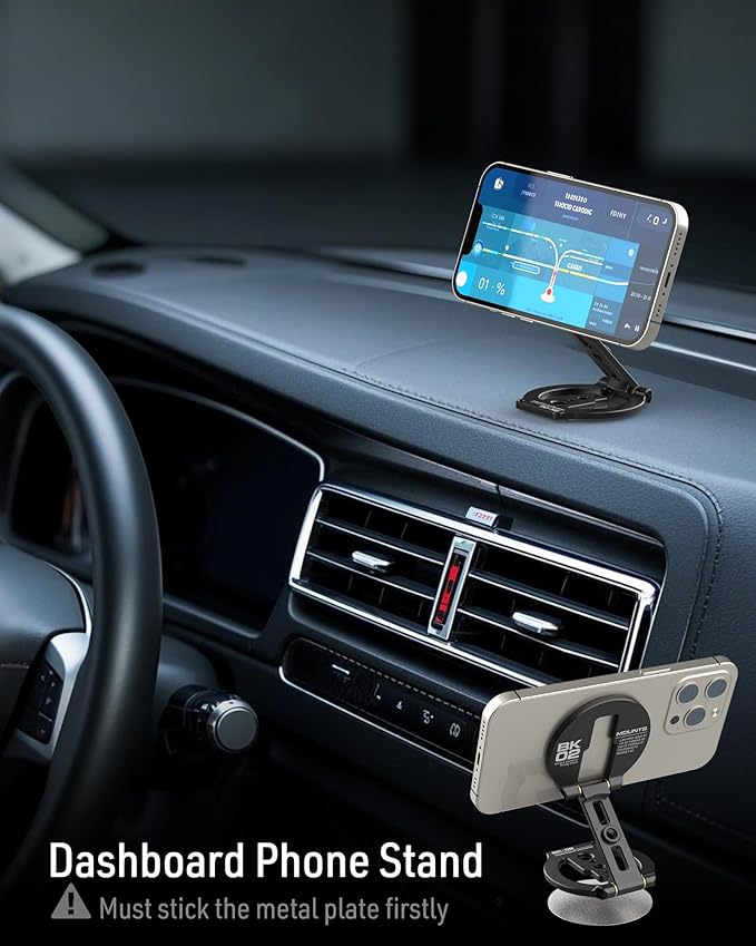 Dual Magnetic Phone Stand Holder Double Magnetic Phone Holder Ultrathin Foldable 1/4" Screw Tripod Mount for iPhone 16 15 14 13 12 Pro Max Plus Gym Magnet Phone Stand (Black)