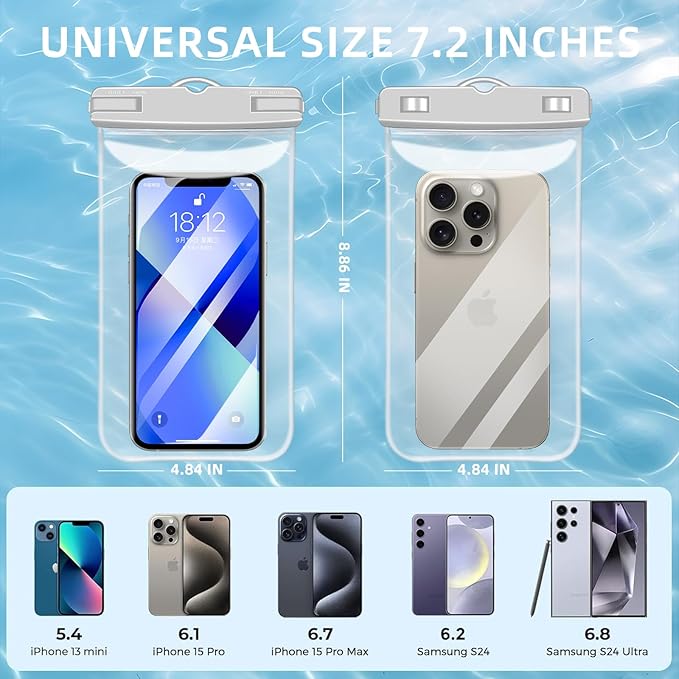 Waterproof Phone Pouch[2Pack], 7.2" Waterproof Dry Bag Clear Waterproof Phone Bag Case Portable Compatible for iPhone16 15 14 13 12 Pro Max Plus XS XR Galaxy S24 S23