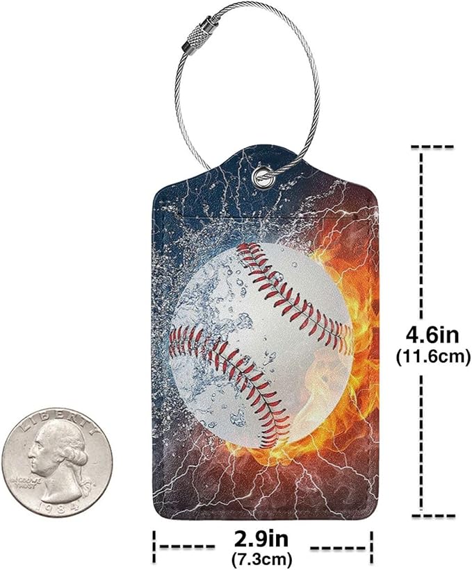 2 Pack Luggage Tags for Suitcase, Privacy Cover ID Label with Stainless Steel and Address Card for Travel Bag Backpack Cruise Ship Essentials Tag Men Boys - Cool Ice Fire Baseball