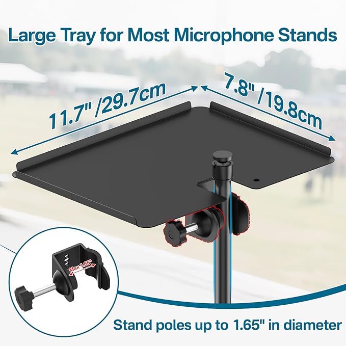Metal Microphone Stand Tray with Mic Stand Phone Holder - 11.7" x 7.8" Functional Large Mic Stand Tray Shelf for Studio, Concert, Karaoke Clamp on Music Stand Shlef Attachment