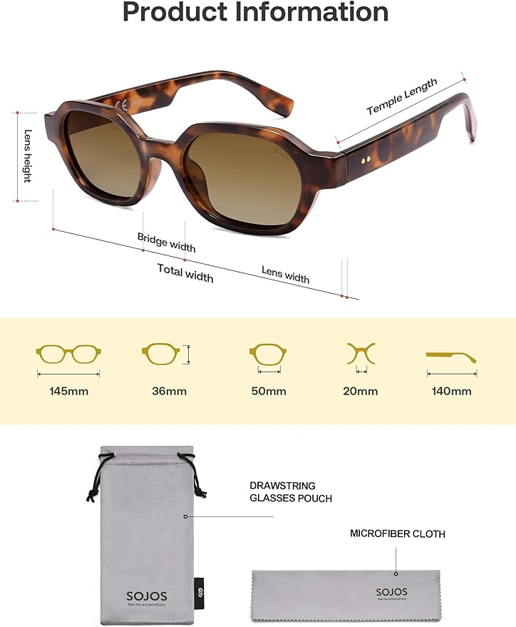 SOJOS Retro Polarized Hexagon Sunglasses for Women Men, UV400 Trendy Rectangle 70s 80s 90s Shades SJ2389