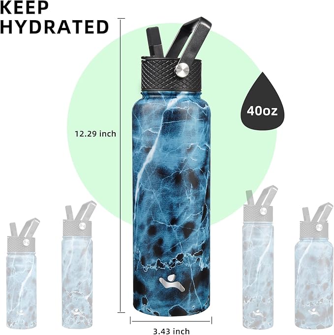 40oz Insulated Water Bottle Stainless Steel Sport Bottles with 3 Lids,Marble Ocean