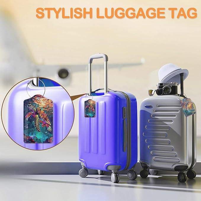 Colorful Turtle Shark 3 Pack PU Leahter Luggage Tag with Stainless Steel Loop, Cute Dolphin Jumping Sunset Travel Suitcase Labels with Privacy Cover ID Label Quickly Spot for Bags