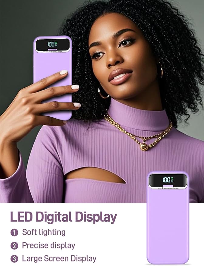 Portable Charger, 20000mAh 22.5W Fast Charging Power Bank with Built-in Cables & Wall Plug, Travel Essential External Battery Pack with LED Display, USB C Battery Phone Charger for iPhone iPad Purple