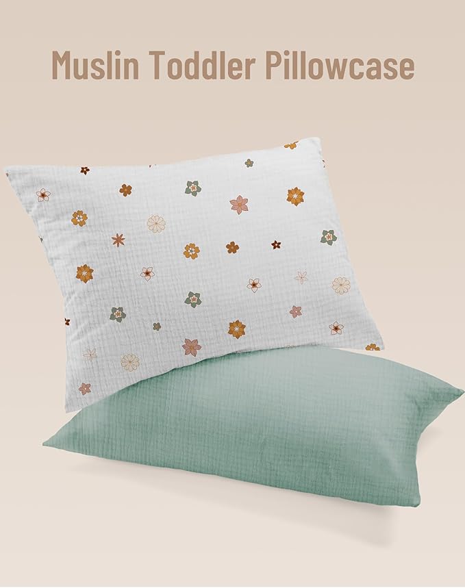 Toddler Pillowcases for 14"x20" Pillow 2 Pack, Muslin Small Toddler Baby Kids Travel Pillow Covers for Boys Girls with Envelope Closure (Sage & Flower-B, 14 x 20 Inch)