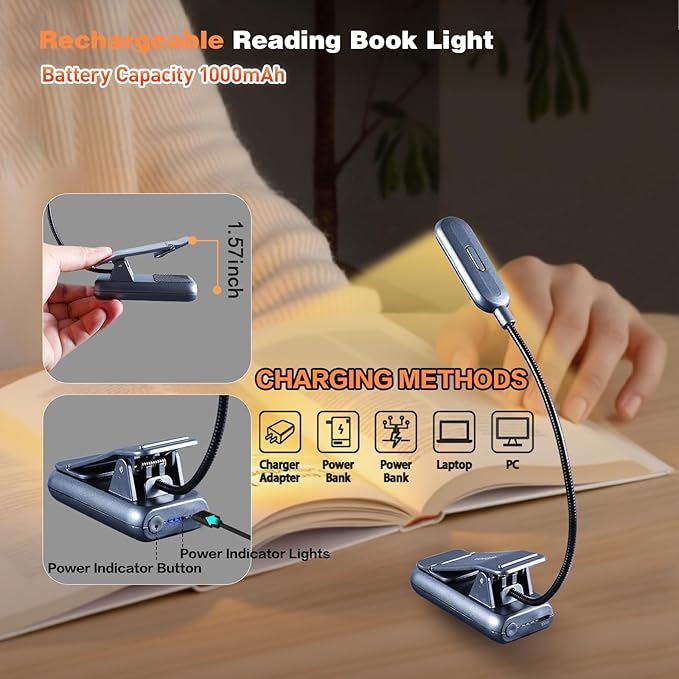 VAVOFO Rechargeable Book Light for Reading in Bed Kids, 7 LED Reading Light with 9-Level Warm Cool White Daylight, Eye Care Lamp with Power Indicator for Bookworms (Metallic Grey)