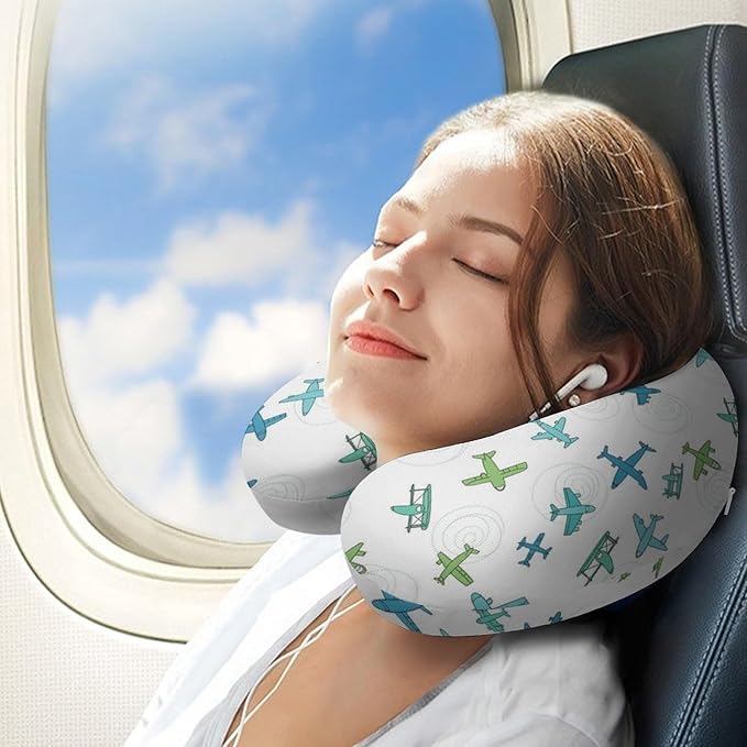 Kids Washable U-Shaped Travel Pillow Neck Support, Fun Airplanes On White Sky U-Shape, Airplane Car Nap Chin Cushion