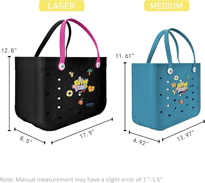 2-Piece Tote Bag Set, Waterproof Rubber Beach Bag with Summer Pattern, Medium & Large Handbag for Pool, Beach, Boat