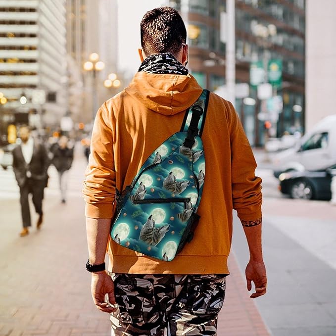 SWEET TANG Polyester Shoulder Sling Bag Multipurpose Casual Sport Daypack Unbalance Backpack with Small Pocket and Smooth Zipper, Howling Moon Wolf