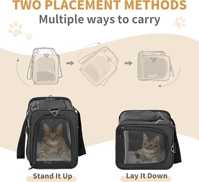 Petsfit Airline Approved Pet Carrier for Small Cats, 16.5x8.6x11 TSA Approved Carrier, with Removable Dual-Sided Padding (2-Way Placement) - Fits Under Most Airplane Seats, Escape Proof (Black)