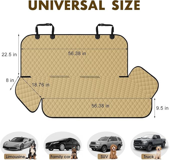 Backseat Cover for Dogs, Waterproof and Non-Slip Pet Bench Seat Covers, Car Seat Protector for Back Seat, Universal Size Rear Car Seat Cover Fits Cars, Trucks and SUVs, L-Khaki&Black