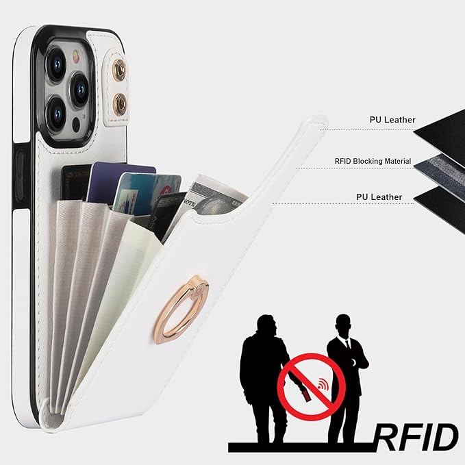 Folosu Compatible with iPhone 15 Pro Case Wallet with Card Holder, 360°Rotation Finger Ring Holder Kickstand, RFID Blocking Leather Protective Double Buttons Shockproof Cover 6.1 Inch White