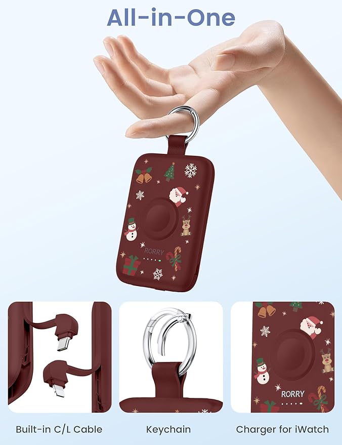 RORRY Portable Charger, 10000mAh PD 20W Fast Charging Portable Charger Power Bank with Built in Cables, Travel Battery Pack for iPhone 17/16/15/14/13/12 and Apple Watch, Christmas Red