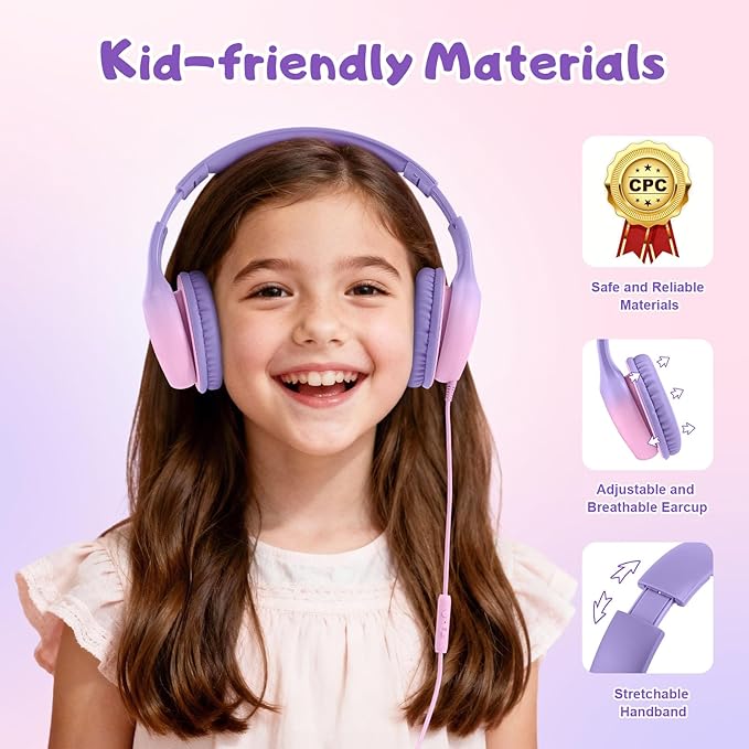USB Type C Kids Headphones, Wired Headphones for Kids with Microphone 85/94dB Volume Limit, Stereo Sound Portable Over Ear Headphones for School/Travel/Tablet/iPad, Violet Pink
