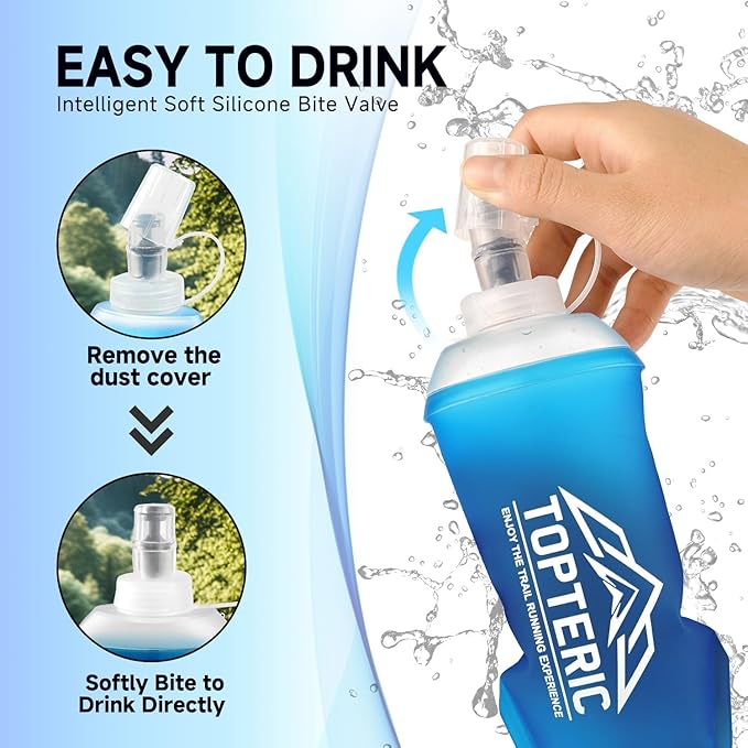 Collapsible Soft Flask Water Bottle, TPU Soft Folding Flexible Water Bottles for Hydration Pack/Running Vest, BPA/PVC Free, Ideal for Running Hiking Cycling Climbing (500ml)