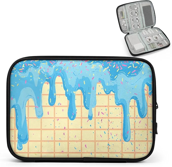 Blue Ice Cream Travel Cable Organizer Pouch Waffles Biscuit Electronics Accessories Carry Case Portable Water Resistant Storage Bag for Cord Charger Phone Earphone SD Card