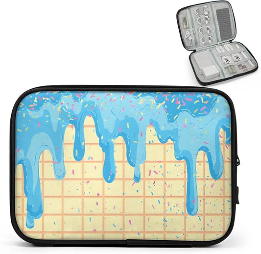Blue Ice Cream Travel Cable Organizer Pouch Waffles Biscuit Electronics Accessories Carry Case Portable Water Resistant Storage Bag for Cord Charger Phone Earphone SD Card