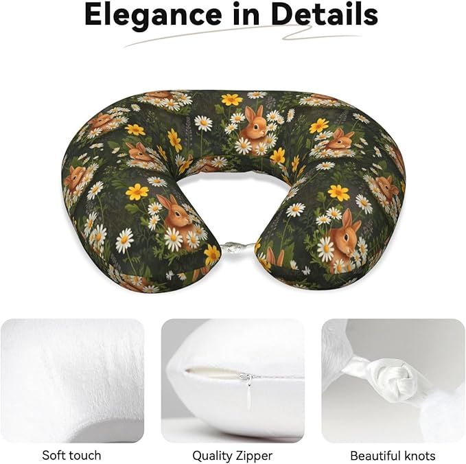 Comfortable Memory Foam Neck Pillow Rabbit Bunny, Travel U Shaped Airplane/Car/Flight Pillows with Removable Zipper Cover, Chin Head Neck Support Cushion