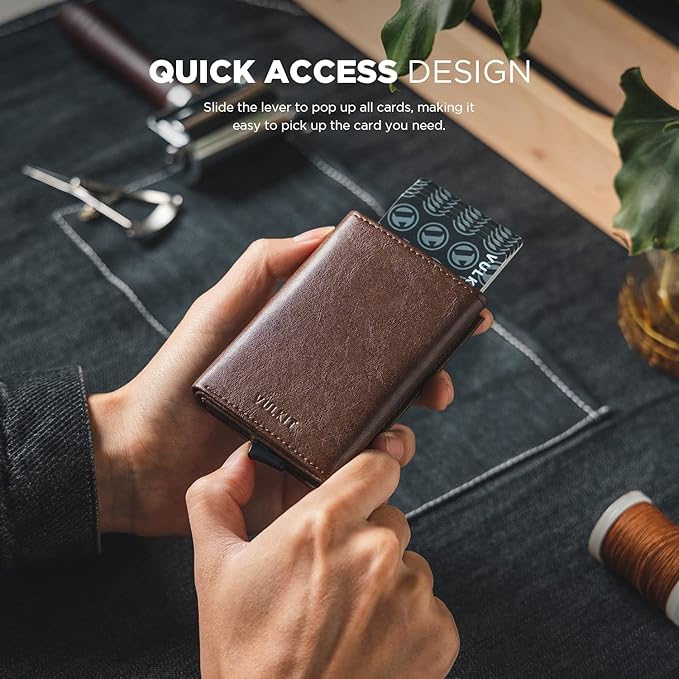 VULKIT Pop up Card Wallet Minimalist Cash Wallets RFID Blocking Leather Smart Credit Card Holder with ID window for Men(Espresso)